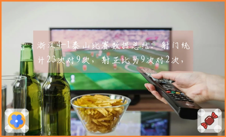 浙江4-1泰山比赛数据总结：射门统计23次对9次，射正比为9次对2次，控球率54%对46%